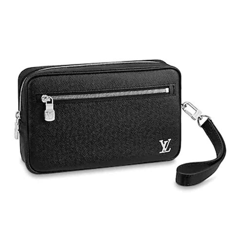 Louis Vuitton LV Men Pochette Kasai Taiga Cowhide Leather Black LULUX