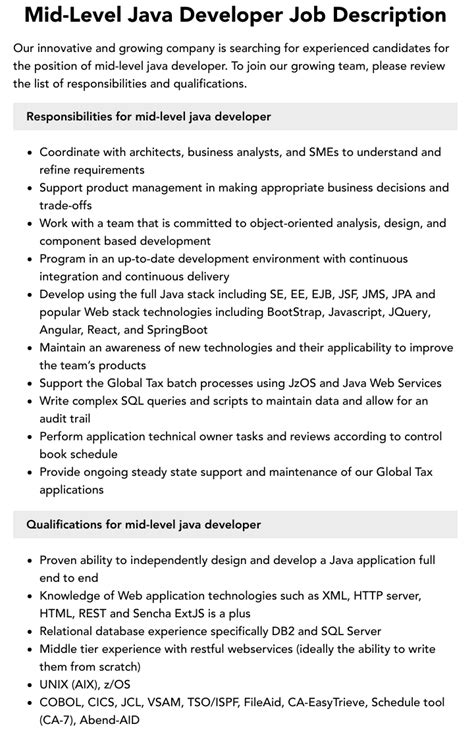 Mid Level Java Developer Job Description Velvet Jobs