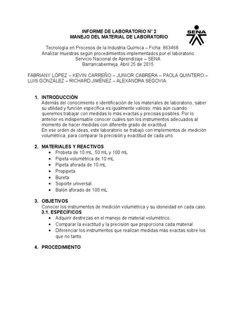 Informe De Laboratorio De Química Instrumentos De Laboratorio