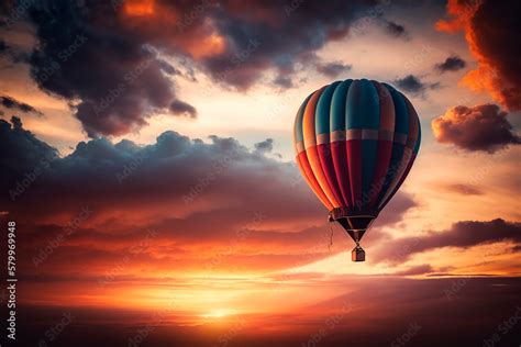 Generative Ai Illustration Of Hot Air Balloon In The Sunset Evening Sky And Pure Cloud Stock