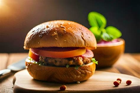 Un Hamburguesa Con Tomates Y Lechuga En Un De Madera Corte Tablero