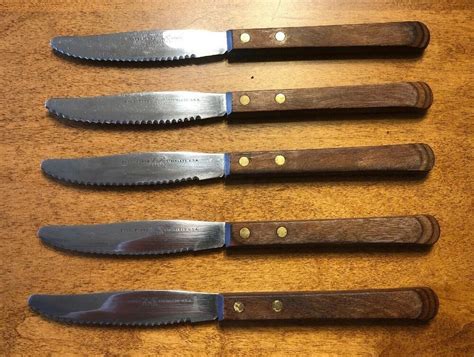 Ekco Forge 5 Piece Serrated Steak Knife Set Wood Handles 8 1 4 Long Vtg Usa Ebay Steak