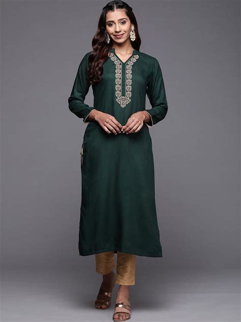 Buy Green Yoke Design Pashmina Wool Straight Kurta Online At Rs 559 Libas