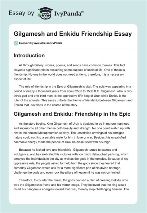 Gilgamesh And Enkidu Friendship The Epic Of Gilgamesh Essay