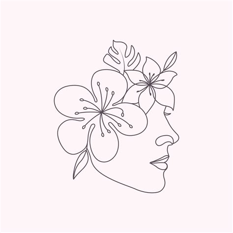 Hand Drawn Woman Head With Flowers Beauty Floral Face Elegant Minimal Line Art Drawing