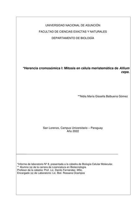 Herencia Cromosómica I Mitosis en Célula Meristemática de Allium Cepa