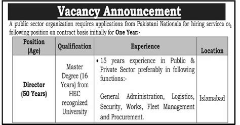 Public Sector Organization PO Box No 1009 GPO Islamabad Jobs Director