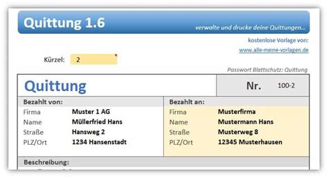 Kostenlose Quittungs Vorlage für Excel Alle meine Vorlagen de