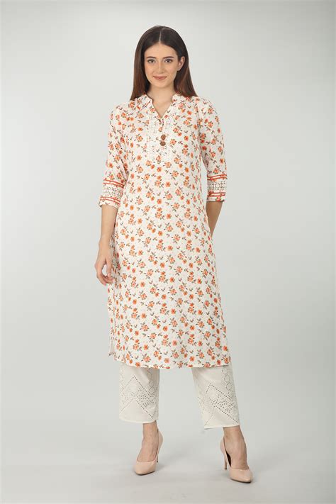 White Floral Print Kurti Mustard Fashion