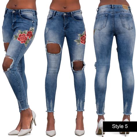 Women Ladies Sexy Stretch Faded Ripped Skinny Fit Denim Jeans Size 6 8