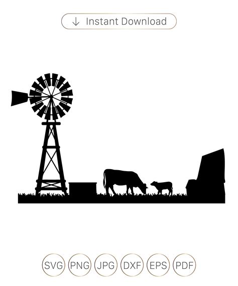 Farm Scene With Cattle And Windmill Svgfarm Svgwindmill Etsy