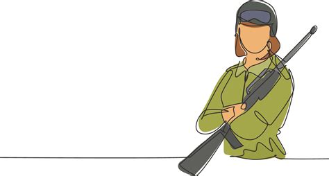 Continuous one line drawing of young female soldier carrying weapon ...