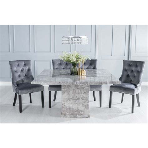 Turin Marble Dining Table Set Square Grey Top And Pedestal Base With Grey Fabric Knocker Back