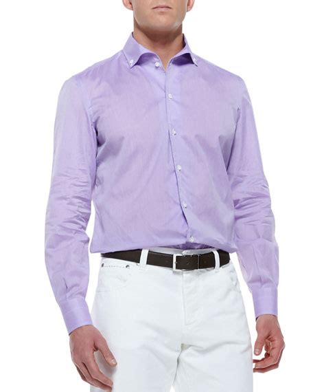 Isaia Woven Button-Collar Shirt, Purple