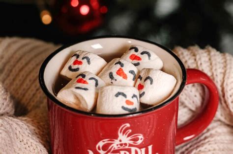 Premium Photo Red Mug With Hot Chocolate With Melted Marshmallow Snowman