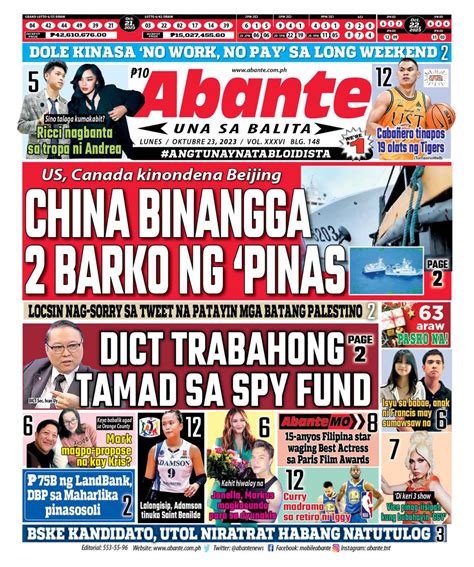 Abante Front Page Balita Ngayong Oktubre 23 2023 Abante