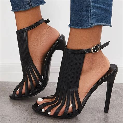 Womens Ankle Strap Stiletto Sandals Black Sexy T Strap Peep Temu