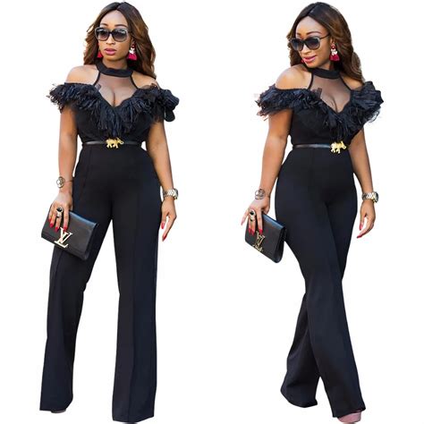 Sexy Ribbon Tassel Ruffles Gauze Sheer Off Shoulder Wide Leg Jumpsuits