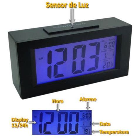 Tudo Sobre Rel Gio Mesa Digital Data Hora Temperatura Sensor Luz