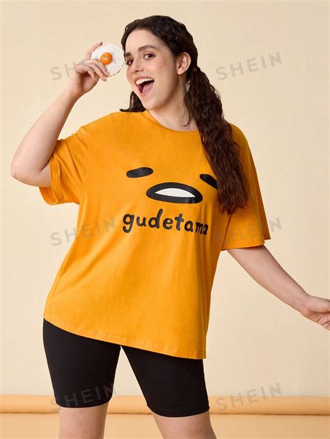 Gudetama X Shein Plus Size Summer Cartoon Egg And Letter Printed Short