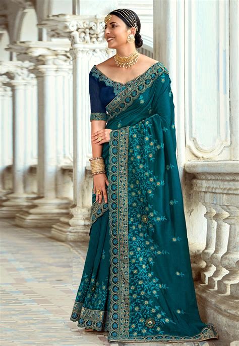 Silk Saree With Blouse In Teal Colour 34313