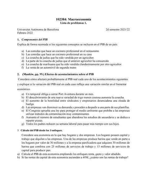 Lista De Problemas Tema Macroeconom A Lista De