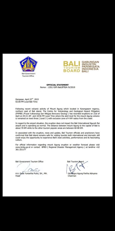 Bali Government Tourism Office Official Statement On Mt Agung Bali