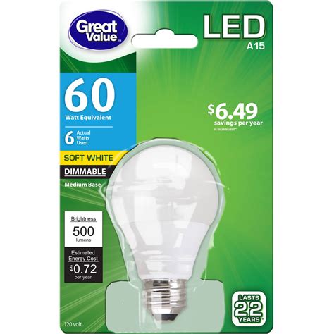 Great Value LED Light Bulb 6W 60W Equivalent A15 Lamp E26 Medium