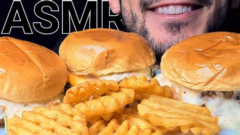 ASMR CHEESEBURGER WAFFLE FRIES EATING SOUNDS NO TALKING MUKBANG