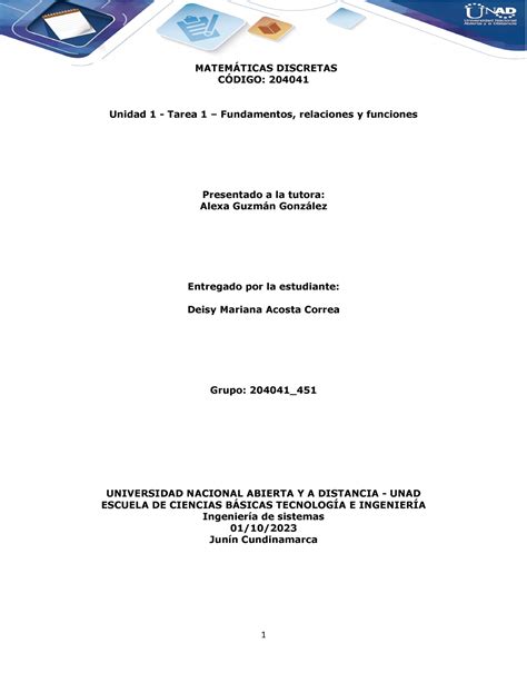 Tarea 1 204041 451 Deisy Acosta MATEMÁTICAS DISCRETAS CÓDIGO 204041