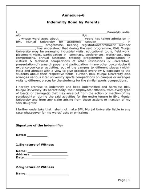 INDEMNITY BOND BY PARENTS Annexure 6 Doc Template PdfFiller