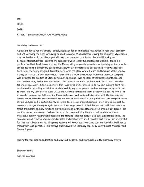 Awol Sample Awol Letter To From Date Re Written Explanation For Having Awol Good Day Ma