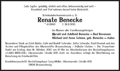 Traueranzeigen Von Renate Benecke Trauer38 De