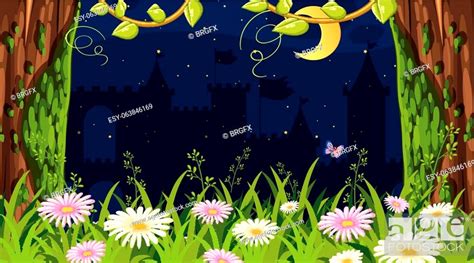 Background design of landscape with garden at night illustration, Stock ...