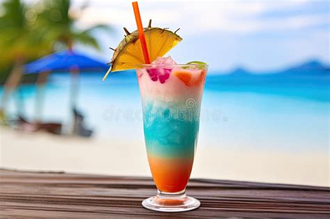 A Close Up Shot Of A Colorful Tropical Cocktail On A Beachside Bar