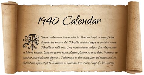 1940 Calendar What Day Of The Week