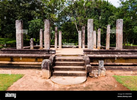 Sacred City of Anuradhapura, stone pillar ruins at the Abhayagiri ...