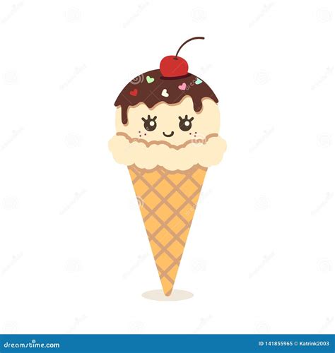 Bonito Gelado De Baunilha Do Kawaii Um Sorriso Em Um Cone Do