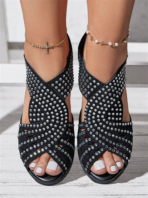 Black Rhinestone Hollow Peep Toe Chunky Heel Dress Sandals Noracora