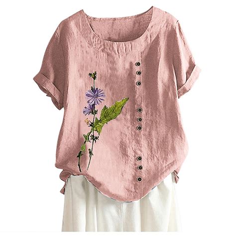 Cheap Womens Summer Casual Round Neck Short Sleeve Flower Printing