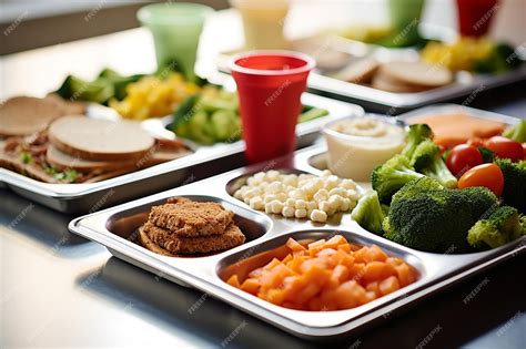 Premium Photo | Shot of Variety of School Lunch Trays Equal Portions