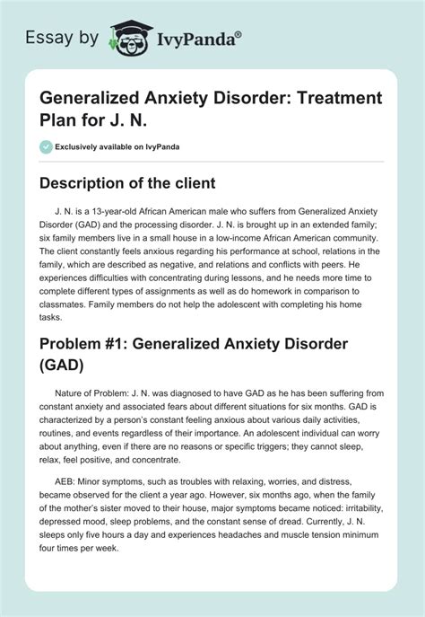 Generalized Anxiety Disorder Treatment Plan For J N 1381 Words