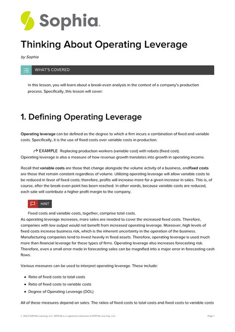 Operating Leverage Thinking About Operating Leverage By Sophia In This Lesson You Will Learn