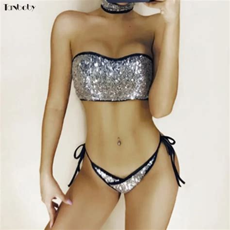 Thongs Bikini Set Gold Silver Sequins Swimsuits Sexy Bandeau Top Beach