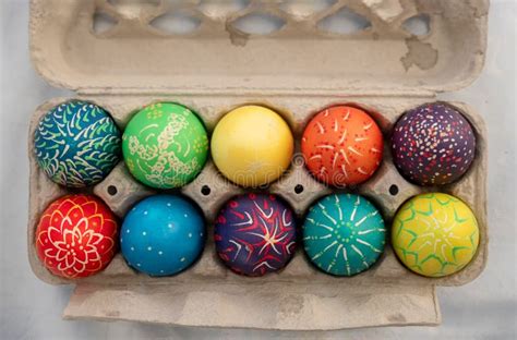 Hand Painted Colorful Easter Eggs In An Egg Carton Stock Photo Image