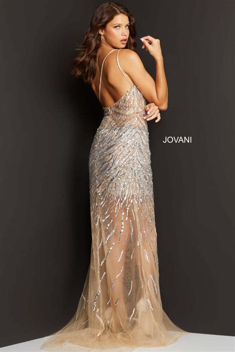 Jovani 07185 Silver Nude Fully Embellished One Shoulder Dress Jovani