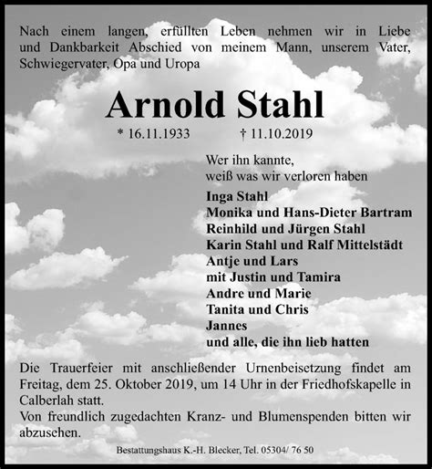 Traueranzeigen Von Arnold Stahl Trauer Anzeigen De