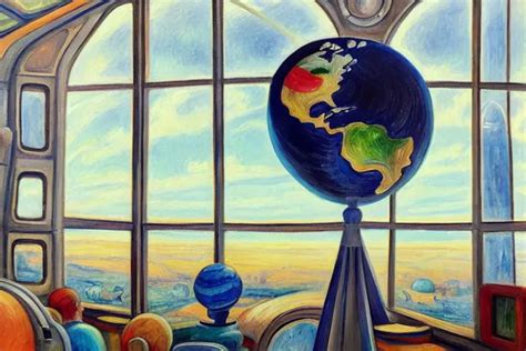 A Painting Of A Giant Globe In Space Ship Lots Of W