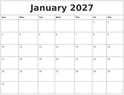 January 2027 Calendar For Printing