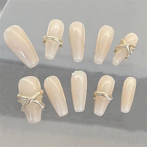 Light Nude Gold Line Press On Nails D Nalis Etsy
